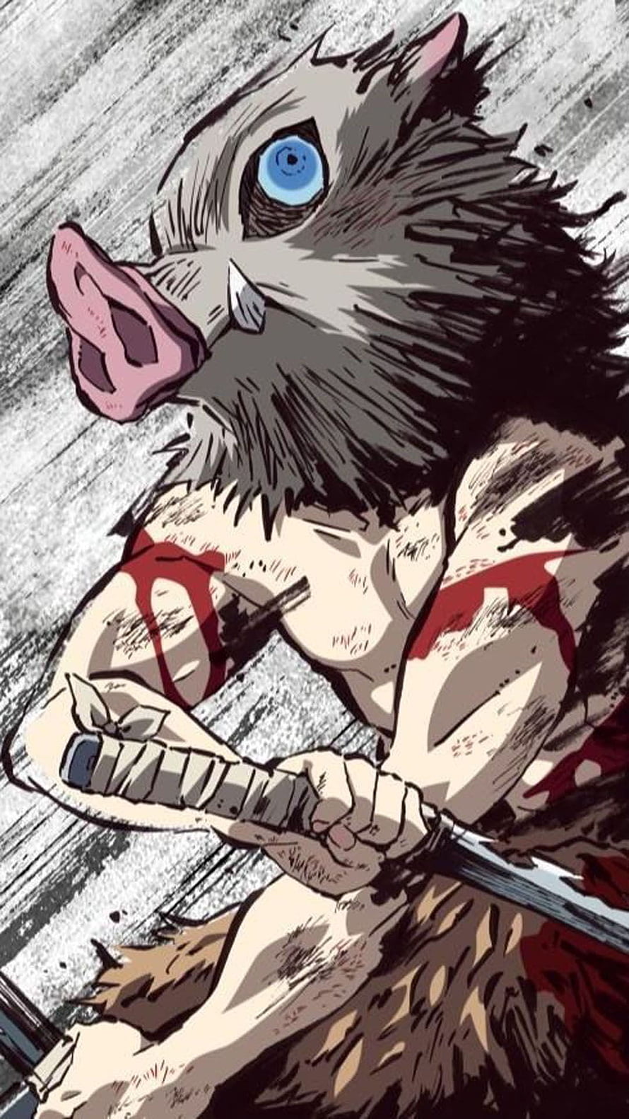 Inosuke Hashibira from Demon Slayer gripping a blade in intense battle HD phone wallpaper