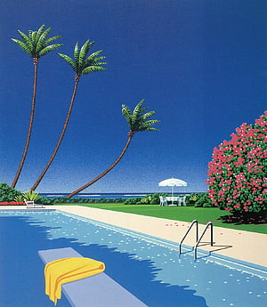 Hiroshi Nagai Tropical Poolside Illustration with Palm Trees and Ocean View HD phone wallpaper