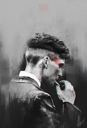 Digital Art Portrait of a Man in a Suit Smoking with a Bloody Injury, Tommy Shelby, thomas shelby smoking HD phone wallpaper