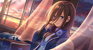 Miku Nakano Anime Girl with Headphones in Classroom at Sunset HD wallpaper