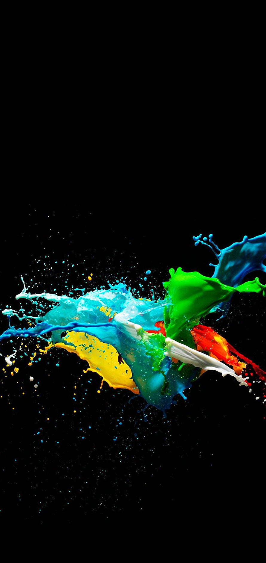 Vibrant multicolored paint splash frozen in motion on a deep black background HD phone wallpaper