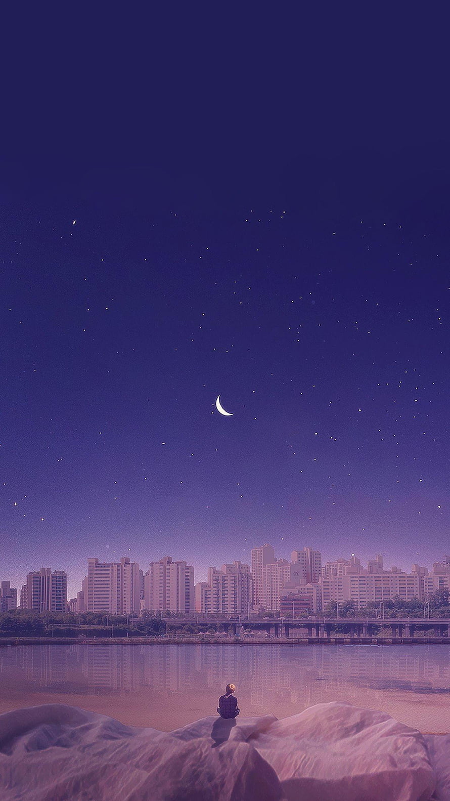Solitary figure gazing at a crescent moon over a starry night city skyline and river HD phone wallpaper