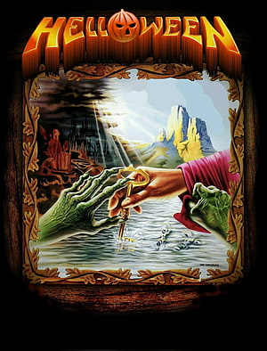 Helloween album artwork featuring a hand passing a golden key to a skeletal figure over a dark landscape HD phone wallpaper