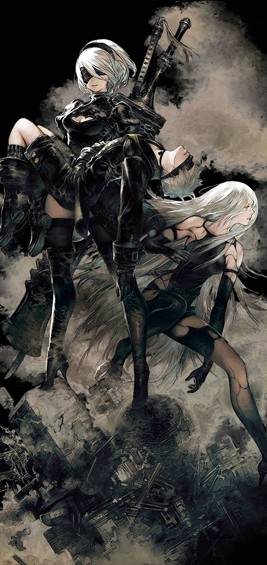 Nier Automata 2B and A2 Dark Fantasy Anime Artwork HD phone wallpaper