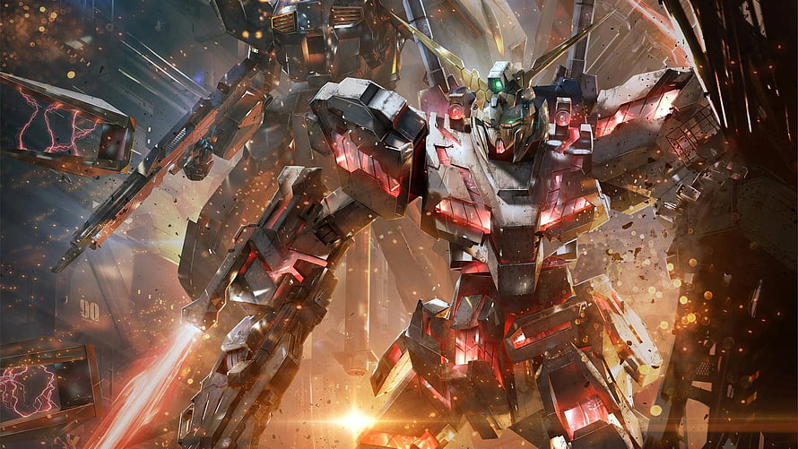 Gundam Unicorn Battle Scene with Glowing Red Armor and Explosive Debris HD wallpaper