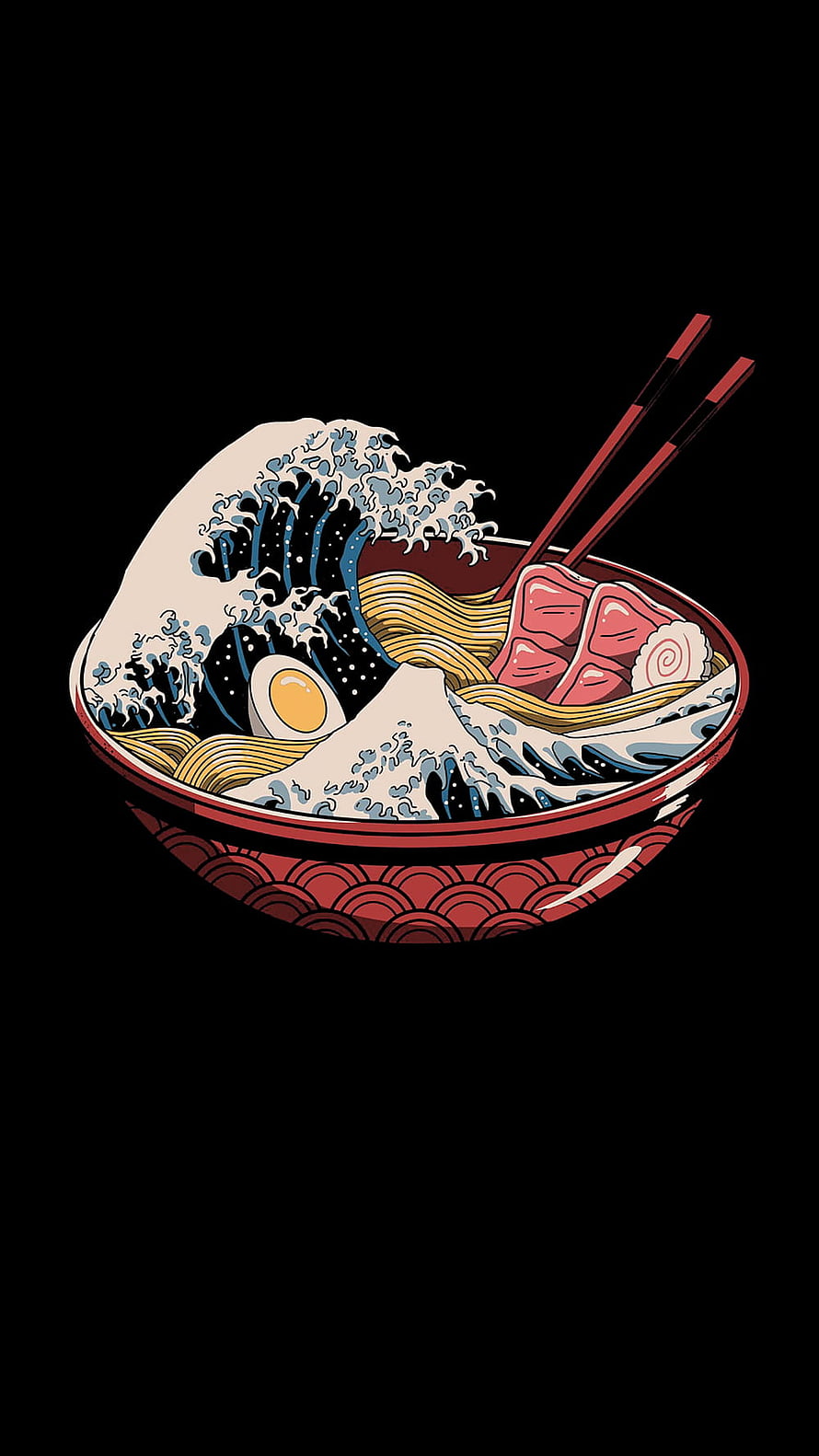 Japanese Ramen Bowl with Hokusai Wave Art and Chopsticks on Black Background HD phone wallpaper