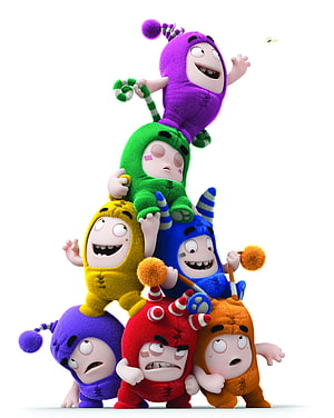 The Oddbods Stacked in Colorful Plush Costumes on White Background HD phone wallpaper