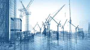 Blueprint Style Construction Site With Tower Cranes And Urban Building Frameworks HD wallpaper