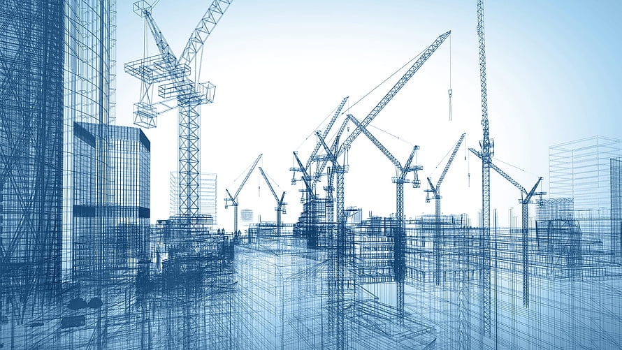 Blueprint Style Construction Site With Tower Cranes And Urban Building Frameworks HD wallpaper