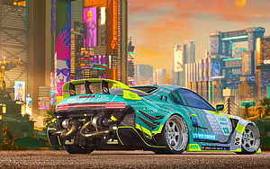 Customized Toyota Supra in Cyberpunk 2077 Night City with Neon Teal and Lime Livery HD wallpaper
