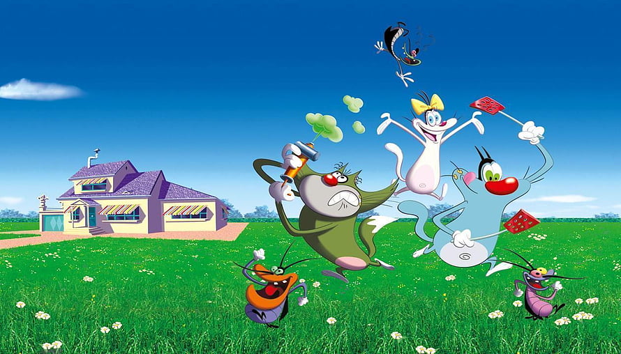 Oggy and the Cockroaches Cartoon Characters Playing in a Sunny Meadow HD wallpaper