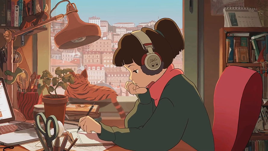 Anime Girl Studying at Desk with Headphones and Cat in Cozy Room HD wallpaper