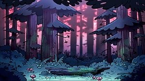 Gravity Falls Enchanted Forest Scene with Glowing Mushrooms and Misty Pines HD wallpaper
