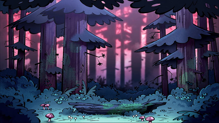 Gravity Falls Enchanted Forest Scene with Glowing Mushrooms and Misty Pines HD wallpaper