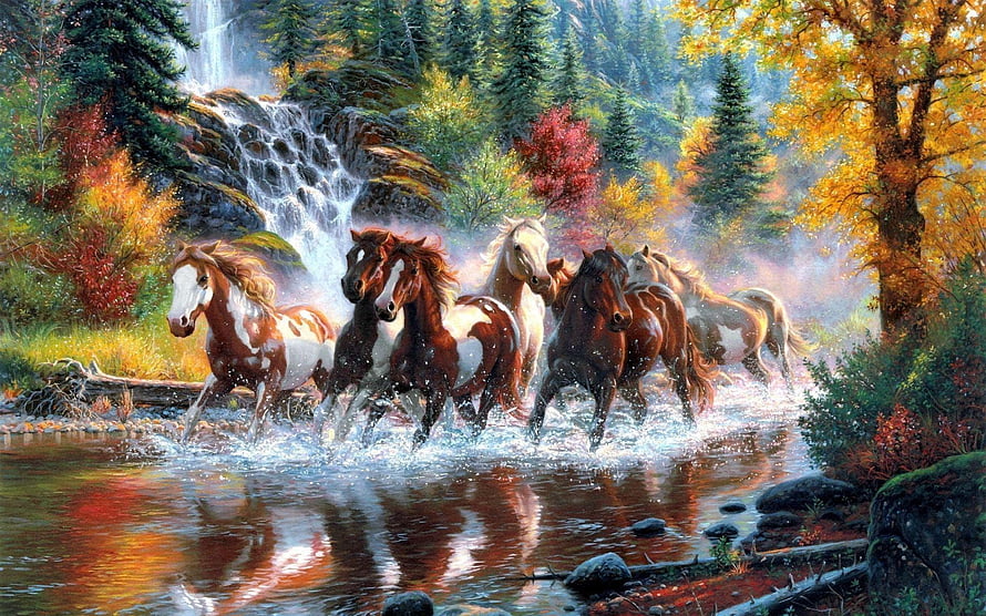 Painting of wild horses galloping through a forest stream with a cascading waterfall and autumn foliage HD wallpaper
