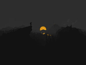Firewatch minimalist landscape with lone figure on cliff overlooking golden sunset and dark forest HD wallpaper