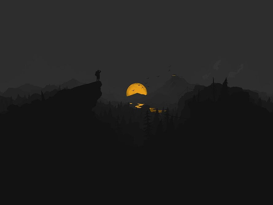 Firewatch minimalist landscape with lone figure on cliff overlooking golden sunset and dark forest HD wallpaper