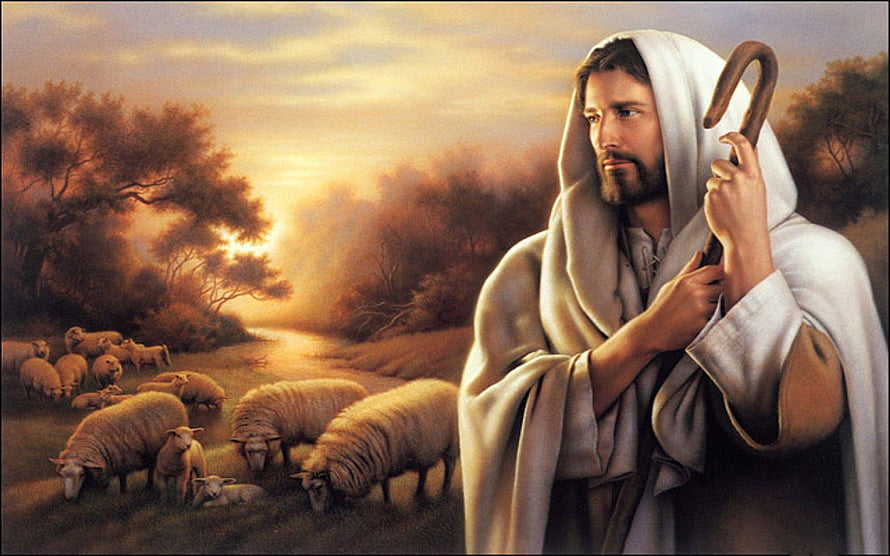 Jesus Christ as the Good Shepherd with Flock at Sunset HD wallpaper
