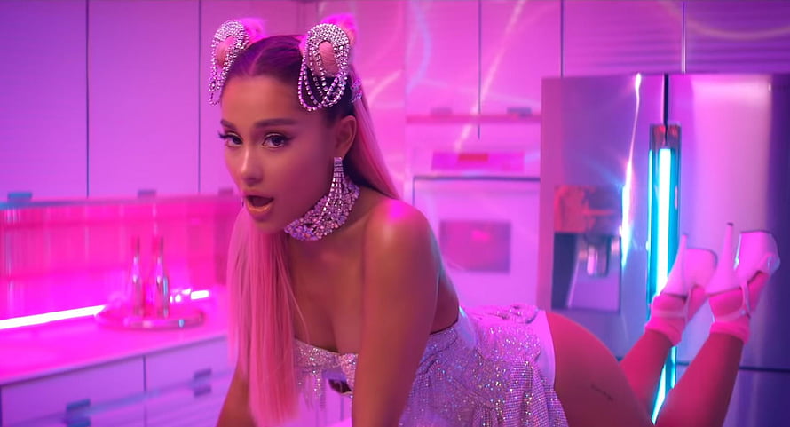 Ariana Grande in Sparkling Pink Outfit with Rhinestone Accessories in Neon Kitchen HD wallpaper
