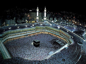 Aerial Night View of the Kaaba and Grand Mosque in Makkah During Tawaf HD wallpaper