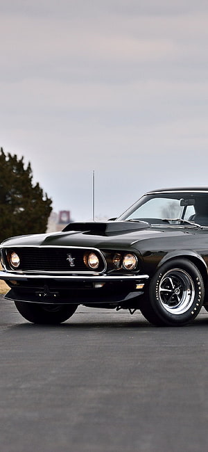 Classic Black 1969 Ford Mustang Mach 1 Muscle Car with Hood Scoop HD phone wallpaper