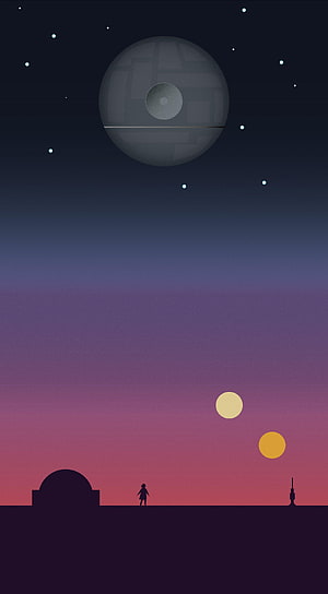 Minimalist Star Wars Death Star and Tatooine Sunset Landscape Illustration HD phone wallpaper