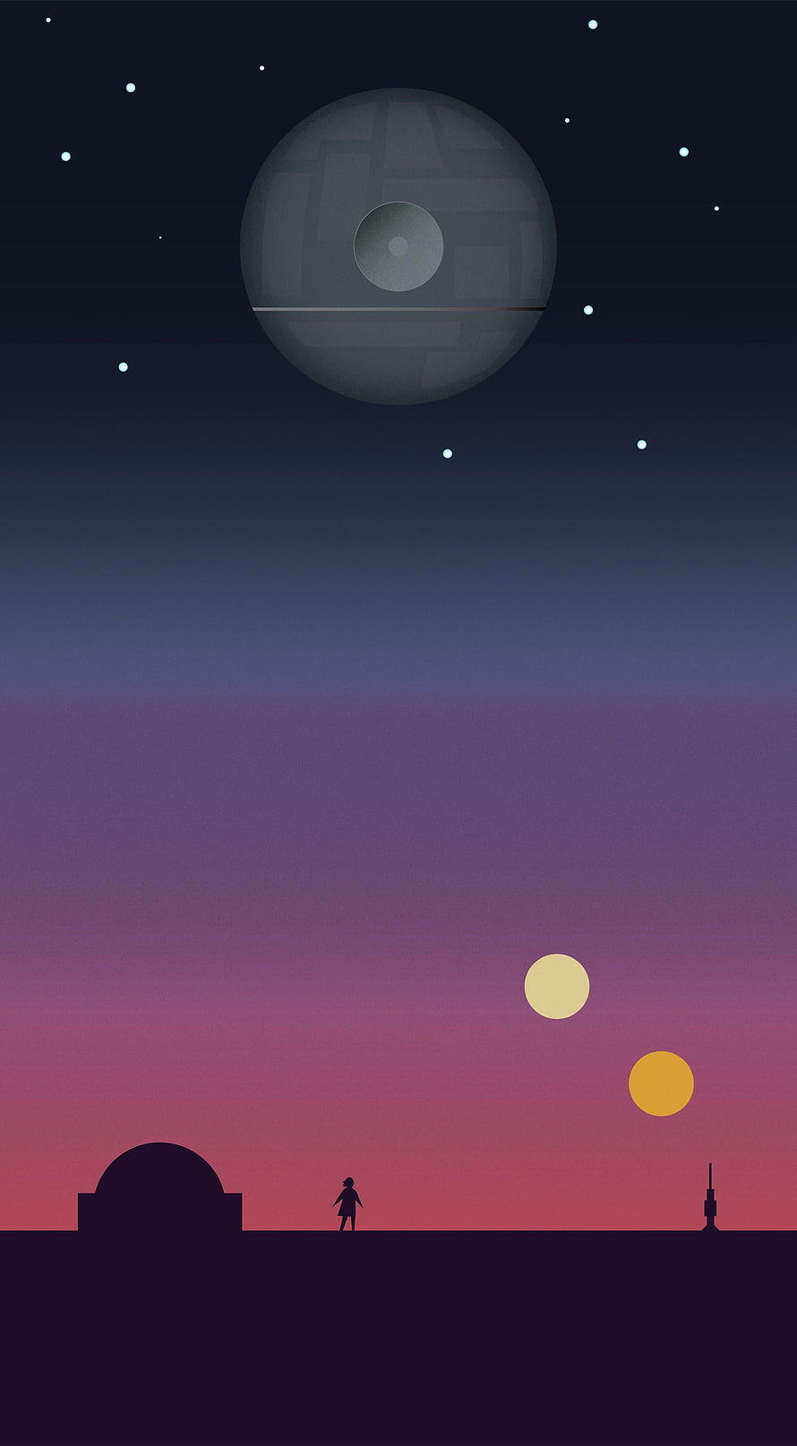 Minimalist Star Wars Death Star and Tatooine Sunset Landscape Illustration HD phone wallpaper