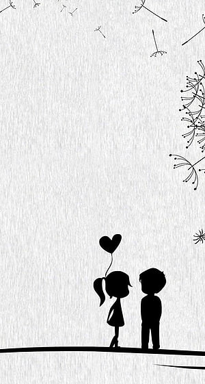 Minimalist Black Silhouette of a Cute Cartoon Couple with a Heart Balloon and Dandelion Seeds HD phone wallpaper