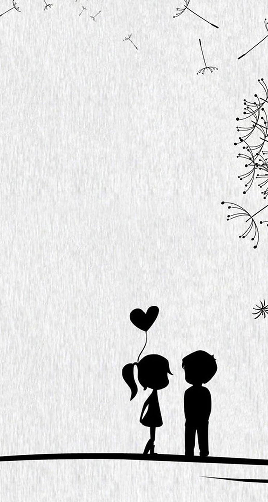 Minimalist Black Silhouette of a Cute Cartoon Couple with a Heart Balloon and Dandelion Seeds HD phone wallpaper