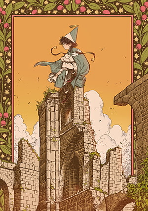 Witch Hat Atelier anime illustration of a young witch standing on a ruined stone tower against a warm orange sky HD phone wallpaper