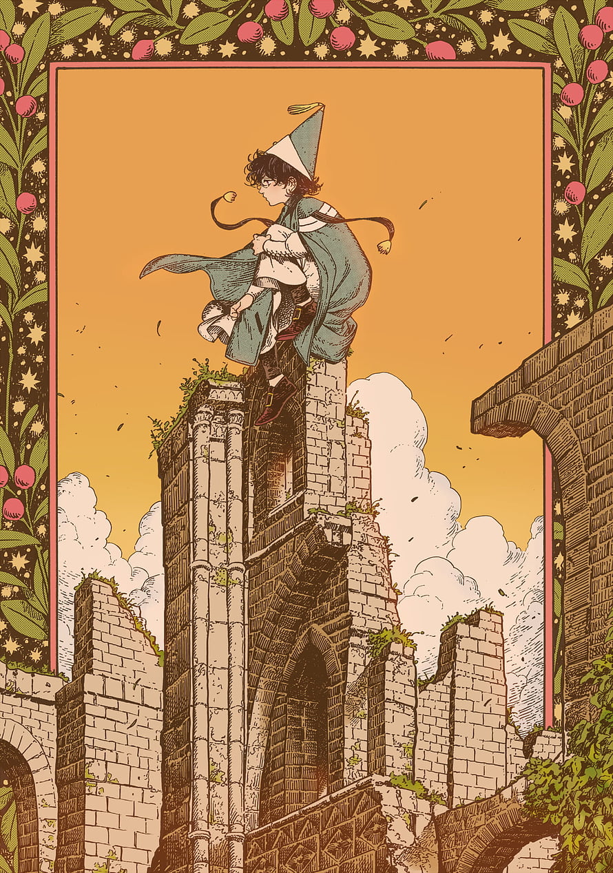 Witch Hat Atelier anime illustration of a young witch standing on a ruined stone tower against a warm orange sky HD phone wallpaper