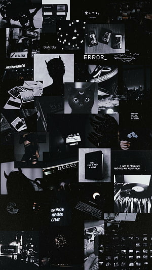 Dark Grunge Collage Wallpaper Featuring Black Cat, Cassettes, and Street Photography HD phone wallpaper