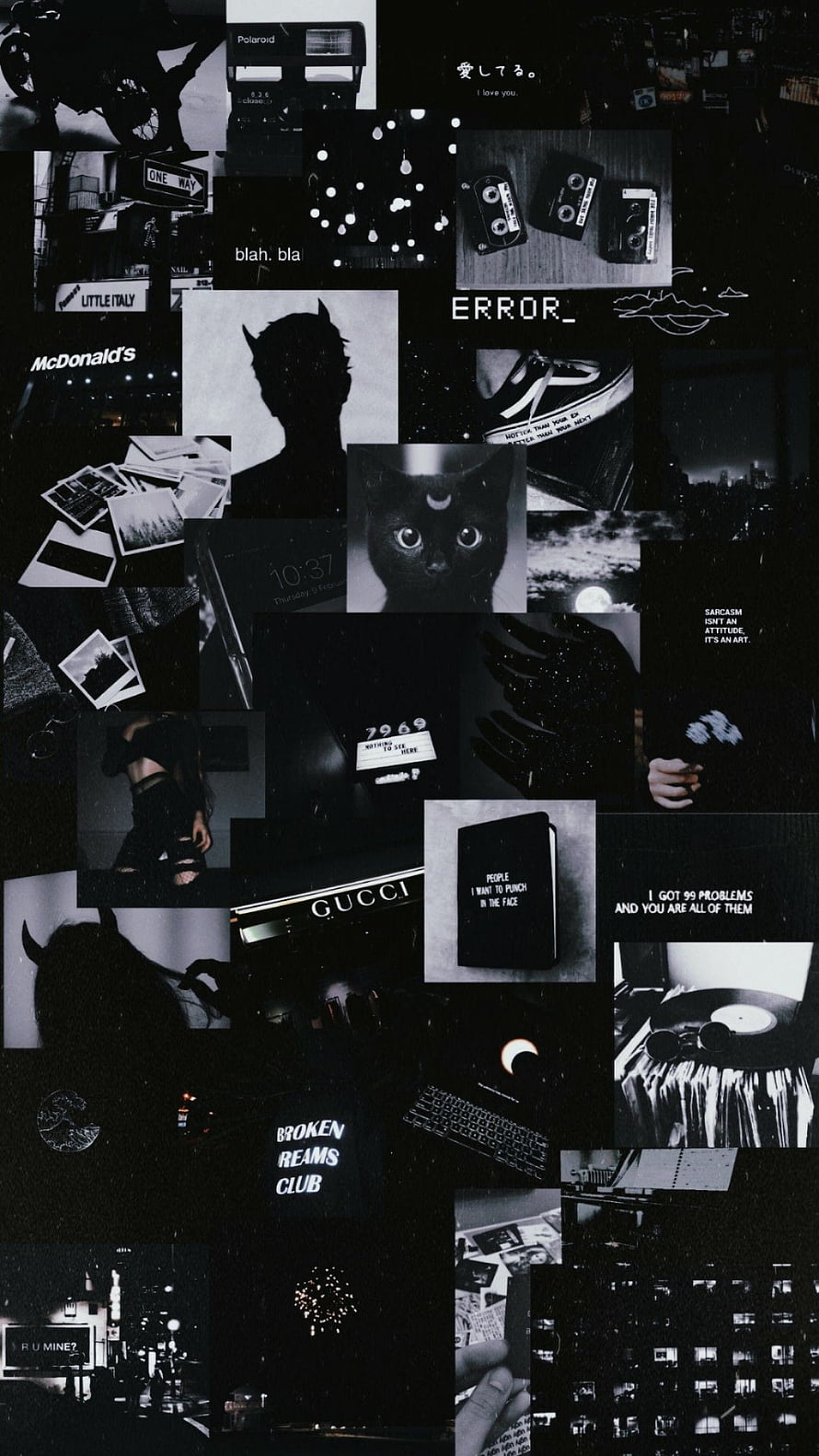 Dark Grunge Collage Wallpaper Featuring Black Cat, Cassettes, and Street Photography HD phone wallpaper