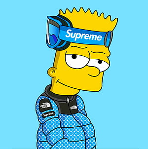 Bart Simpson wearing Supreme ski goggles and a blue Louis Vuitton patterned puffer jacket with The North Face logo HD phone wallpaper