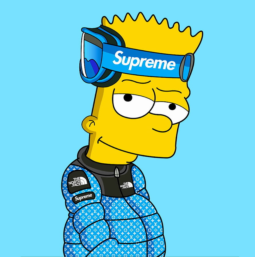 Bart Simpson wearing Supreme ski goggles and a blue Louis Vuitton patterned puffer jacket with The North Face logo HD phone wallpaper