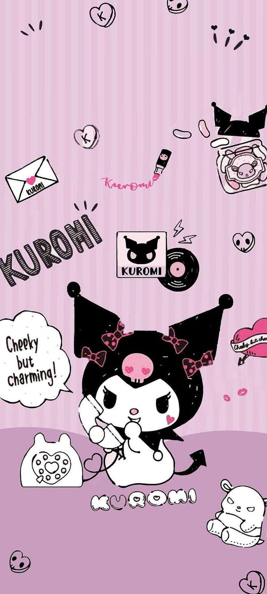 Cute Kuromi Character Illustration With Pink Striped Background And Hearts HD phone wallpaper