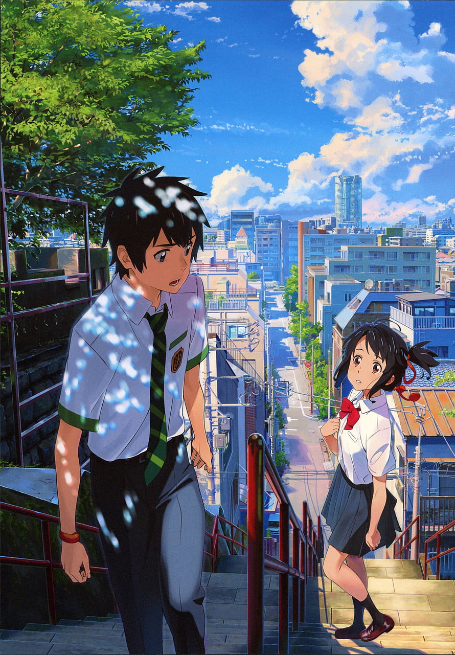 Your Name Anime Taki and Mitsuha on Stairs City Background HD phone wallpaper