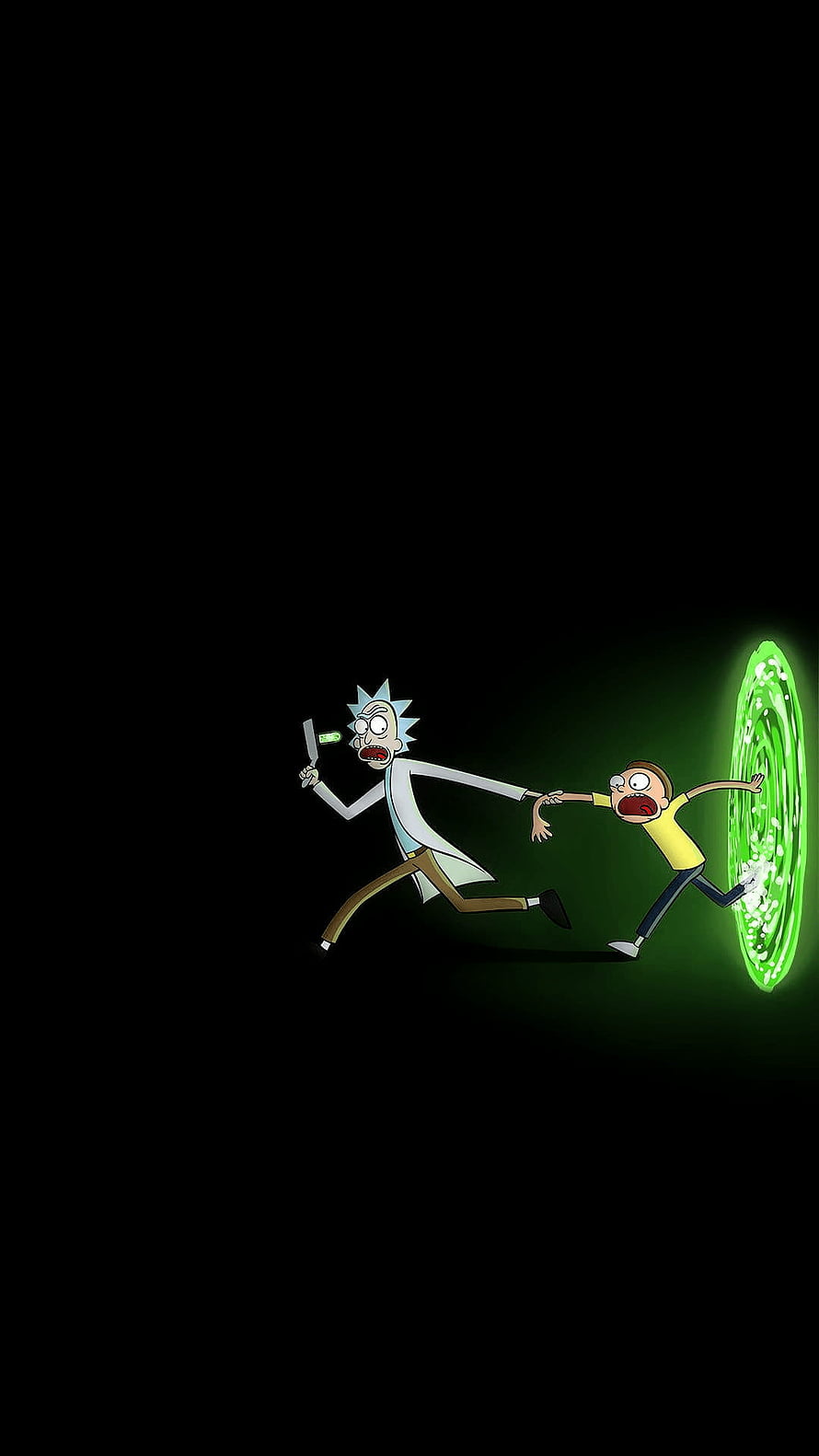 Rick and Morty Running Away from Green Portal on Black Background HD phone wallpaper