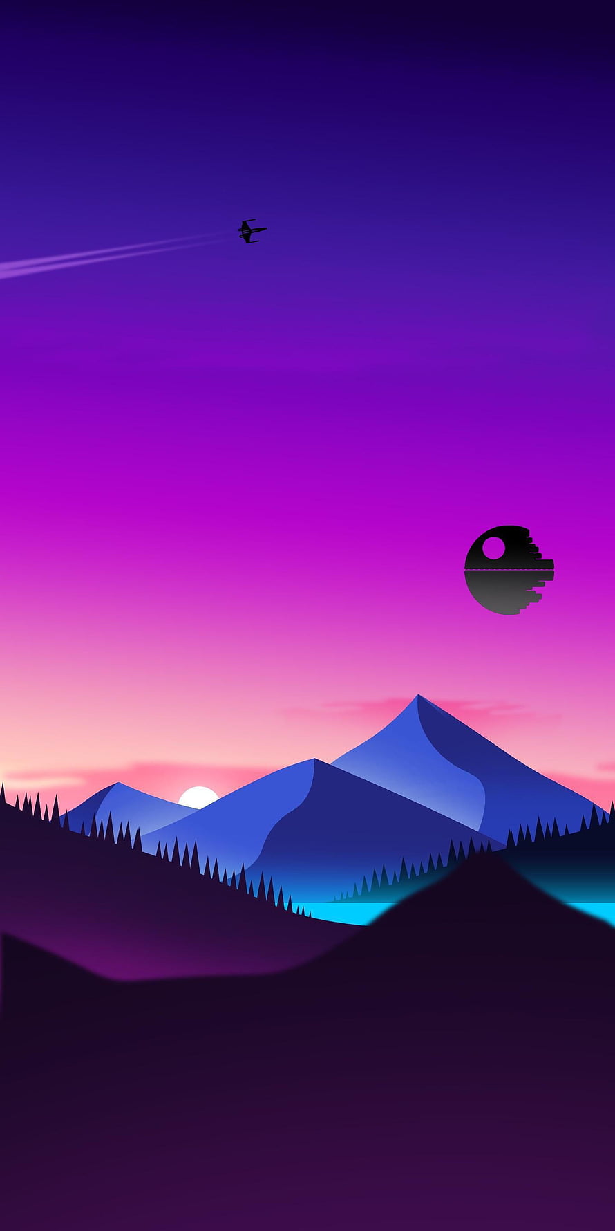 Retro Vaporwave Sunset Landscape With Mountains, Lake, and Silhouette Spaceship HD phone wallpaper