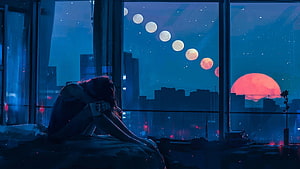 Melancholic Anime Girl Watching Moon Phases Over a Neon City Skyline at Night HD wallpaper