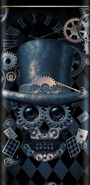 Steampunk Skull With Top Hat And Gears On Checkerboard Background HD phone wallpaper