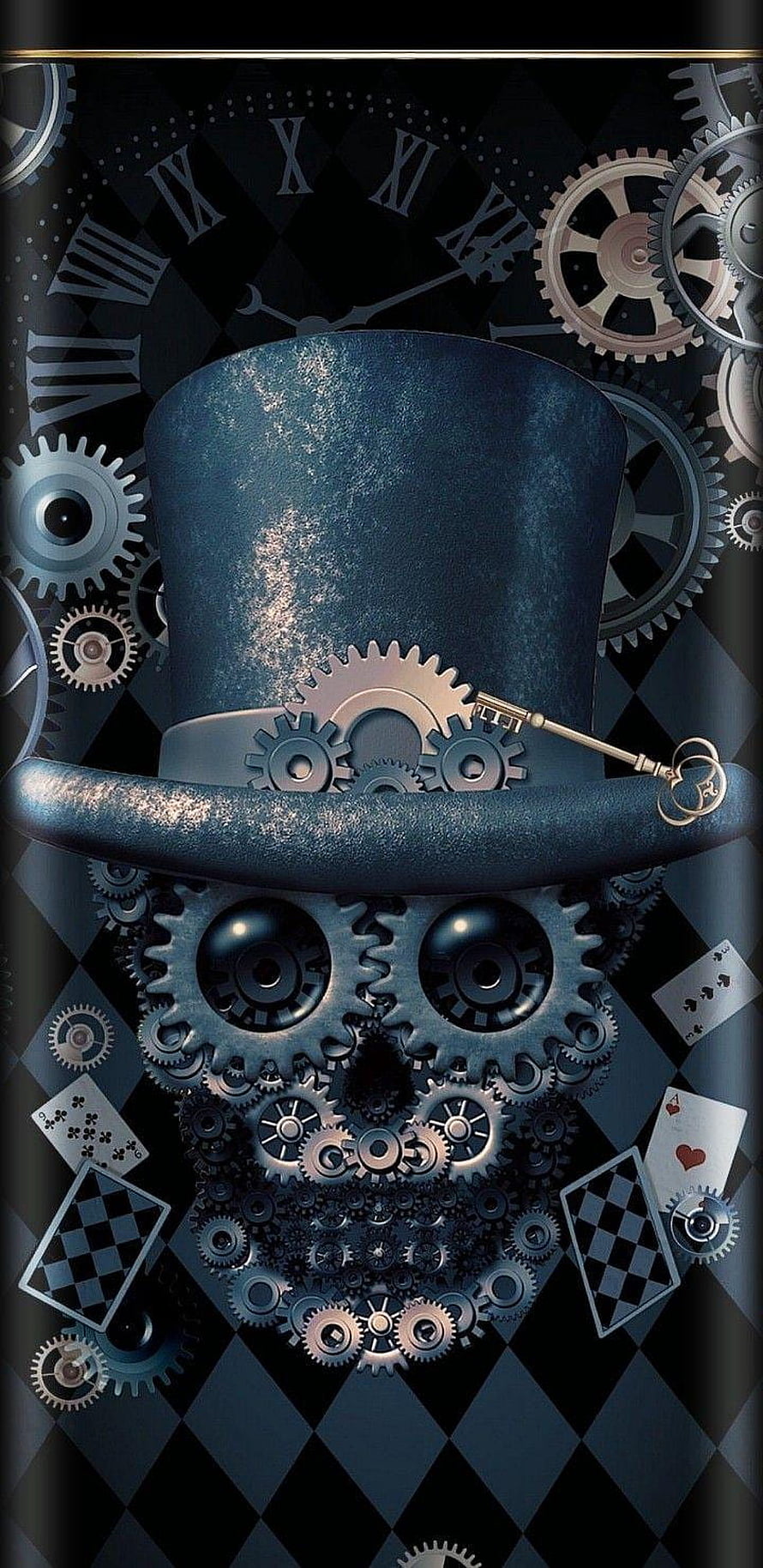 Steampunk Skull With Top Hat And Gears On Checkerboard Background HD phone wallpaper