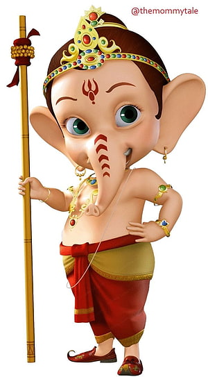 Cute 3D Ganesha Cartoon Character Holding Staff in Traditional Attire HD phone wallpaper