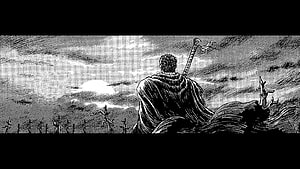 Berserk manga panel of a cloaked warrior with a greatsword overlooking a desolate battlefield HD wallpaper