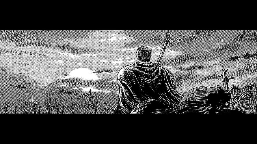 Berserk manga panel of a cloaked warrior with a greatsword overlooking a desolate battlefield HD wallpaper