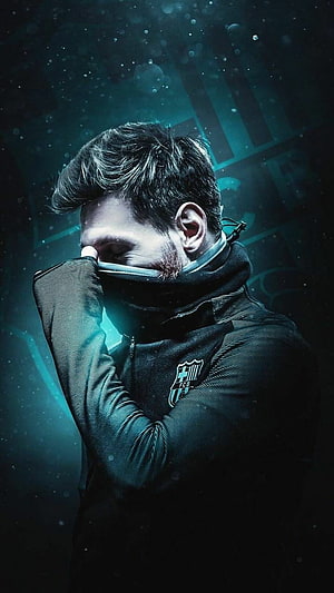 Lionel Messi in a dark FC Barcelona training jacket with a moody teal background HD phone wallpaper