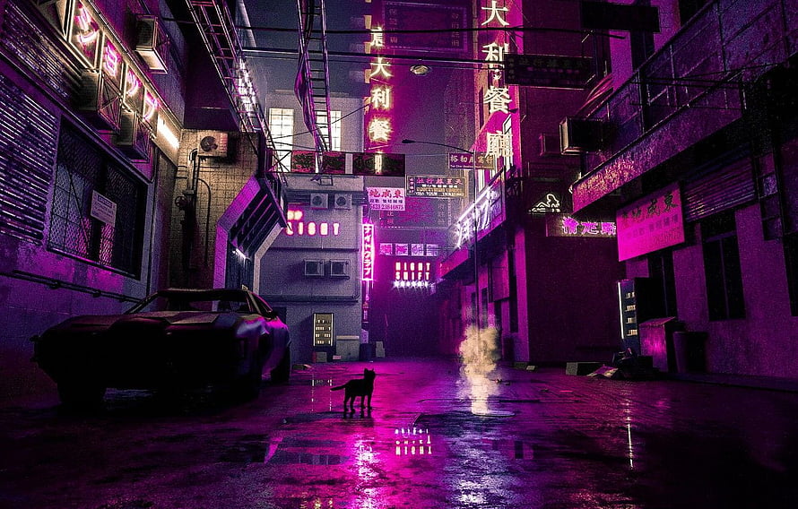 Neon-lit cyberpunk alley at night with a lone cat and parked car under glowing signs HD wallpaper