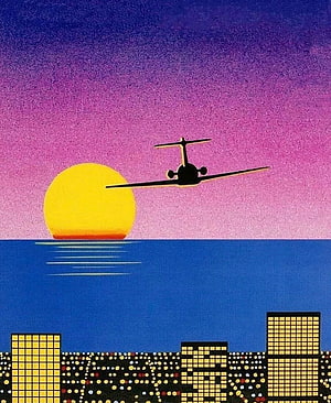 Retro Synthwave Airplane Sunset Over Neon City Skyline Wallpaper HD phone wallpaper