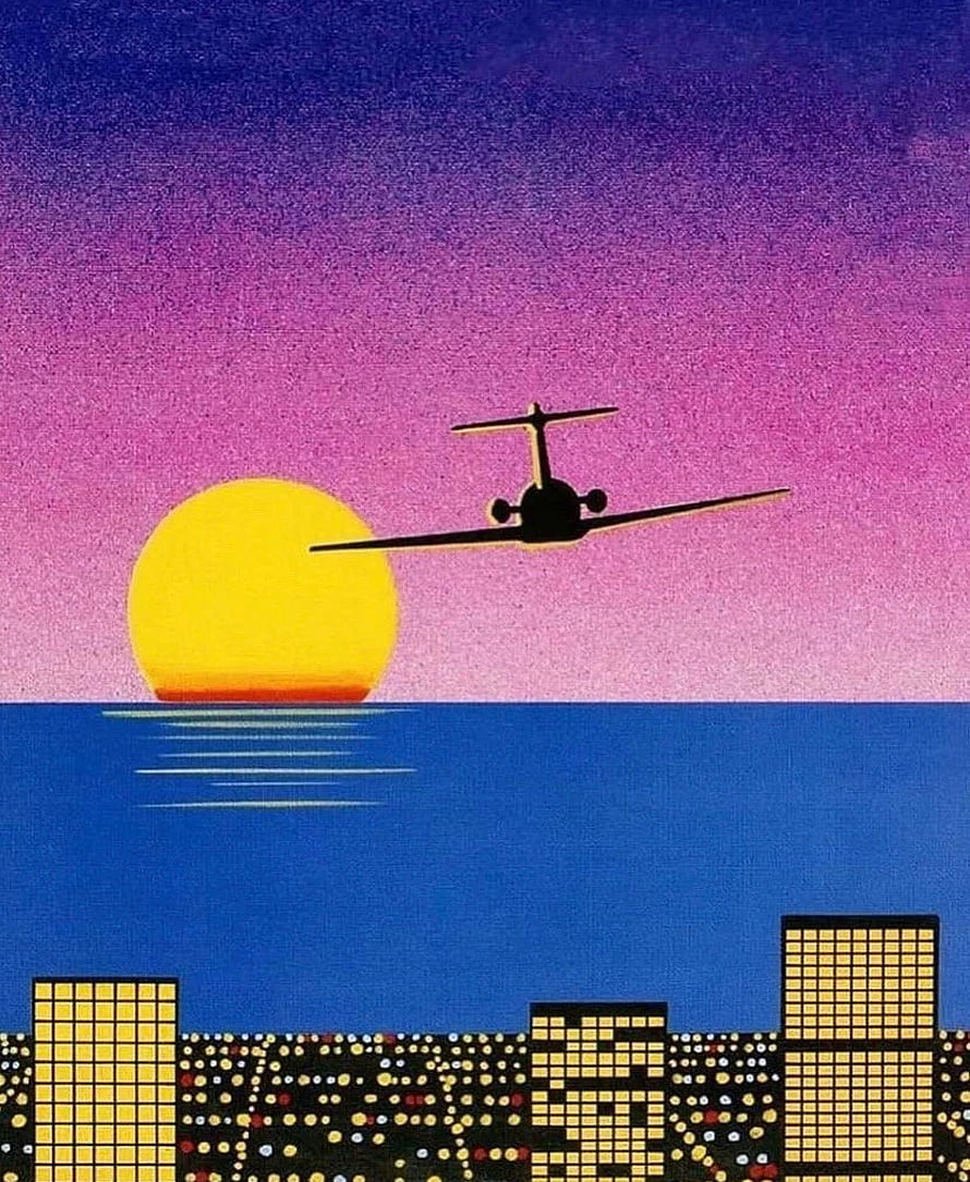 Retro Synthwave Airplane Sunset Over Neon City Skyline Wallpaper HD phone wallpaper