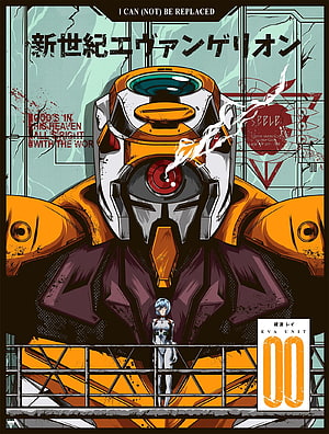 Rei Ayanami standing before Evangelion Unit-00 in a stylized anime poster with bold orange and teal colors HD phone wallpaper